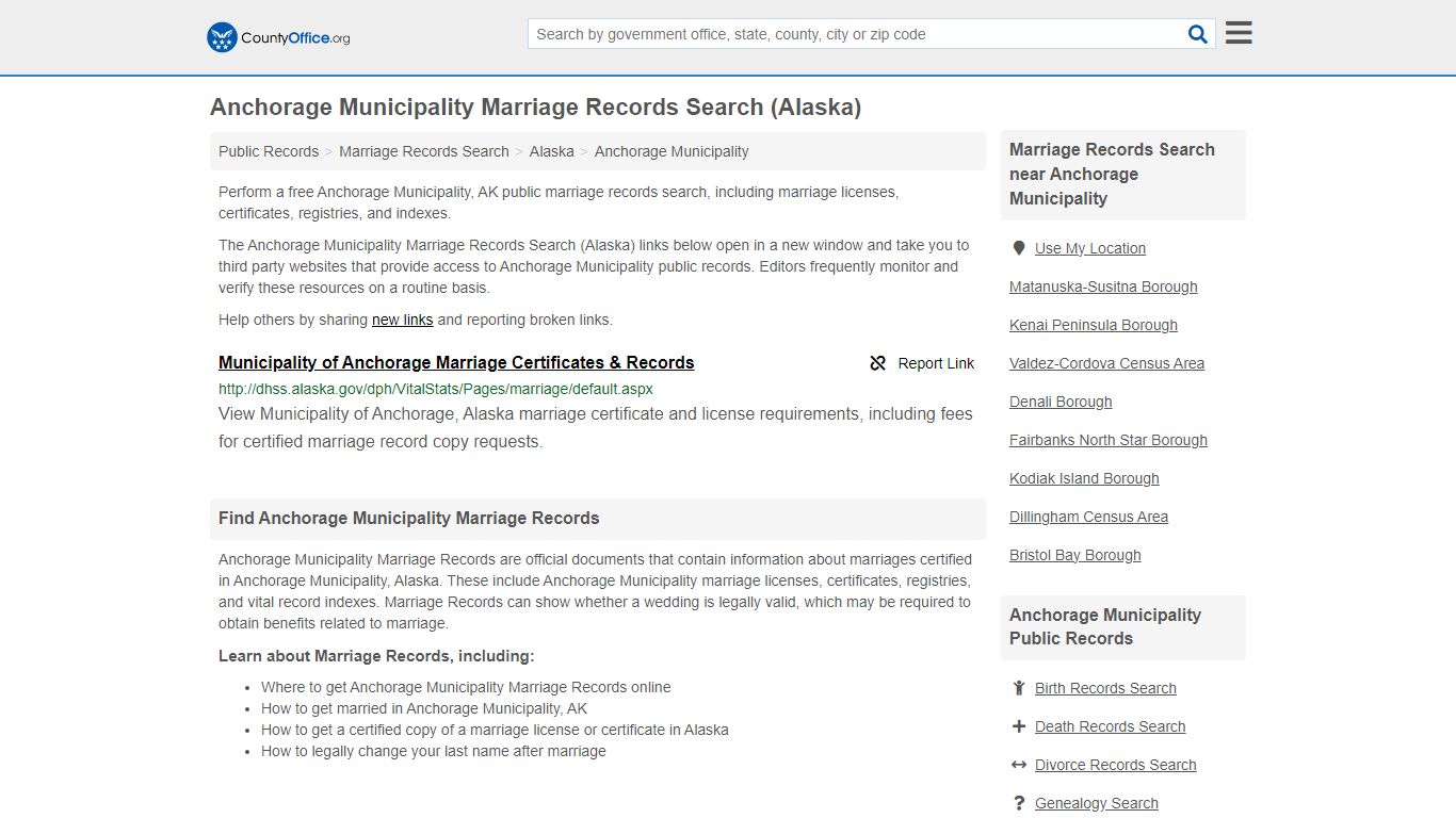 Anchorage Municipality Marriage Records Search (Alaska) - County Office